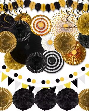 Black Gold Pink Gold Blue Silver Birthday Party Decoration Set Balloon Paper Fan Garland