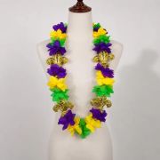 Mardi Gras Flower Lei Necklace with Gold Fleur De Lis Carnival Parade Party Supplies