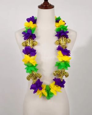 Mardi Gras Flower Lei Necklace with Gold Fleur De Lis Carnival Parade Party Supplies