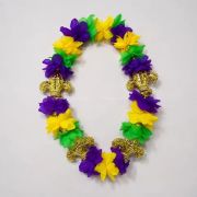 Mardi Gras Flower Lei Necklace with Gold Fleur De Lis Carnival Parade Party Supplies