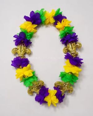 Mardi Gras Flower Lei Necklace with Gold Fleur De Lis Carnival Parade Party Supplies