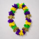 Mardi Gras Flower Lei Necklace with Gold Fleur De Lis Carnival Parade Party Supplies