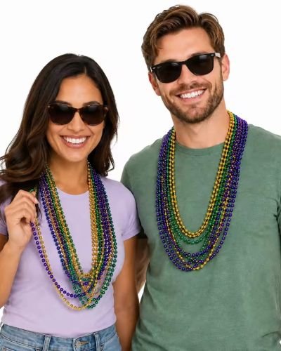 Bulk 12 Pcs Metallic Tri-Color Mardi Gras Bead Necklaces