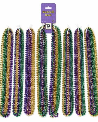 Bulk 12 Pcs Metallic Tri-Color Mardi Gras Bead Necklaces