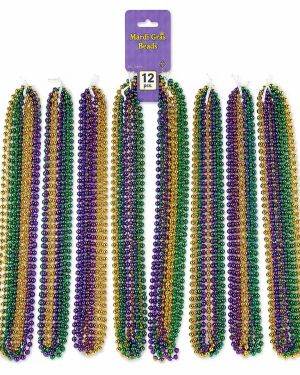 Bulk 12 Pcs Metallic Tri-Color Mardi Gras Bead Necklaces