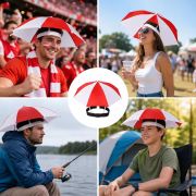 Red White Umbrella Hat with Adjustable Head Strap for Festival Party Sports Fan Events