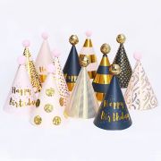 Happy New Year & Birthday Gold Foil Party Hat with Pom Poms Paper Hats Decoration for Festive Party