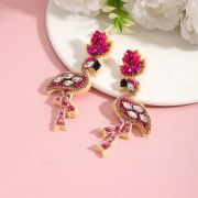 Pink Flamingo Dangle Earrings with Rhinestones & Beads for Summer Party