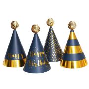 Happy New Year & Birthday Gold Foil Party Hat with Pom Poms Paper Hats Decoration for Festive Party