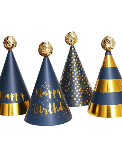 Happy New Year & Birthday Gold Foil Party Hat with Pom Poms Paper Hats Decoration for Festive Party