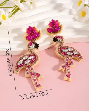 Pink Flamingo Dangle Earrings with Rhinestones & Beads for Summer Party