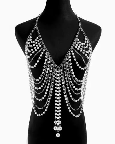 Faux Pearl & Silver Chain Halter Body Chain – Sexy Layered Tassel Bikini Top Chain for Women Beach Party Jewelry
