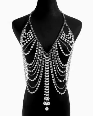 Faux Pearl & Silver Chain Halter Body Chain – Sexy Layered Tassel Bikini Top Chain for Women Beach Party Jewelry