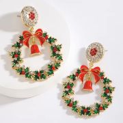 Christmas Colored Enamel Oil Drops Wreath & Bells Pendant Earrings