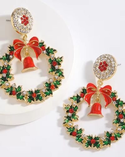 Christmas Colored Enamel Oil Drops Wreath & Bells Pendant Earrings