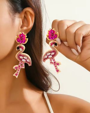 Pink Flamingo Dangle Earrings with Rhinestones & Beads for Summer Party