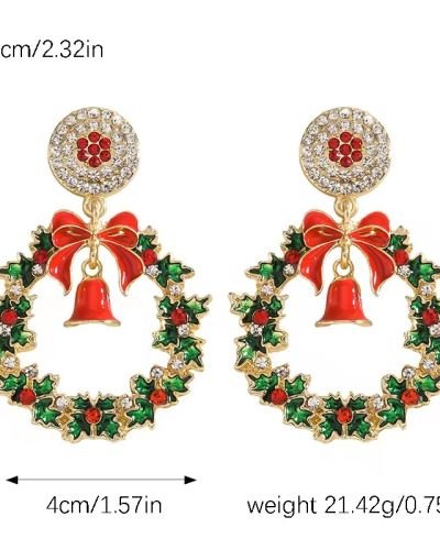 Christmas Colored Enamel Oil Drops Wreath & Bells Pendant Earrings