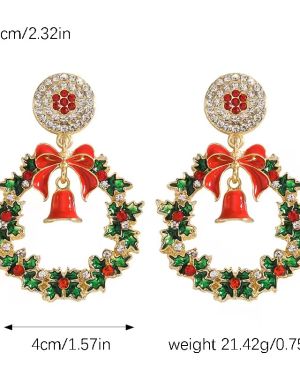 Christmas Colored Enamel Oil Drops Wreath & Bells Pendant Earrings