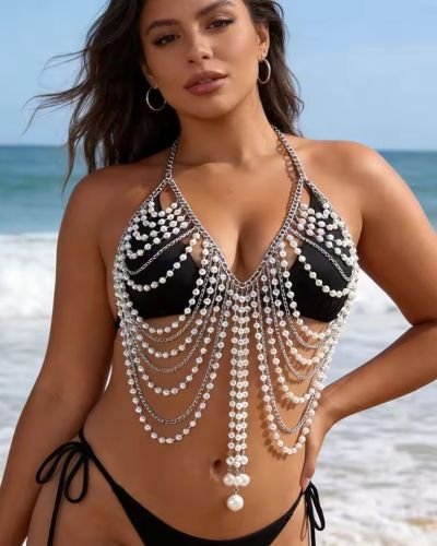 Faux Pearl & Silver Chain Halter Body Chain – Sexy Layered Tassel Bikini Top Chain for Women Beach Party Jewelry
