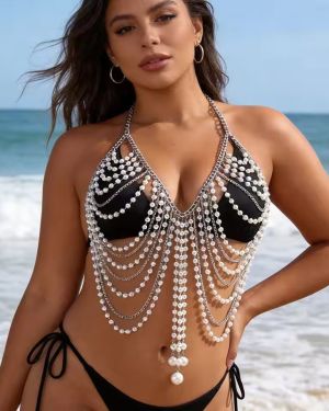 Faux Pearl & Silver Chain Halter Body Chain – Sexy Layered Tassel Bikini Top Chain for Women Beach Party Jewelry