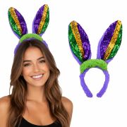 Mardi Gras Velvet Bunny Ears Headband with Sequins Plush Rabbit Hairband