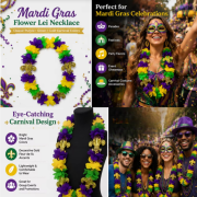 Mardi Gras Flower Lei Necklace with Gold Fleur De Lis Carnival Parade Party Supplies